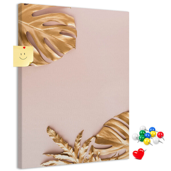 Wall cork memo board Golden leaves on a delicate pink background