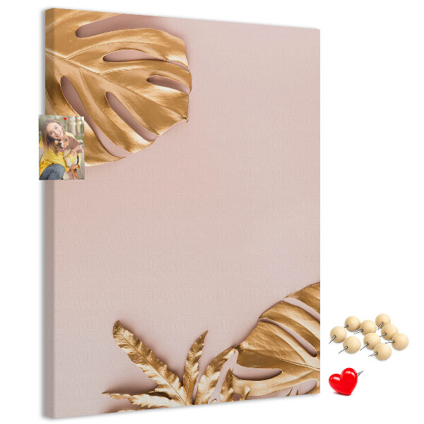 Wall cork memo board Golden leaves on a delicate pink background