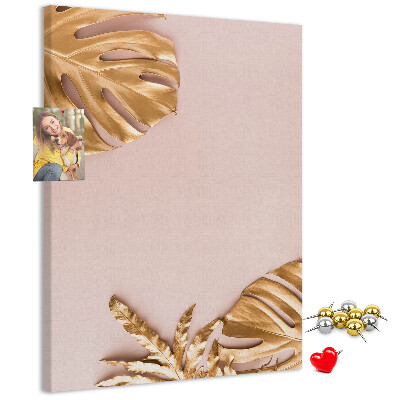 Wall cork memo board Golden leaves on a delicate pink background