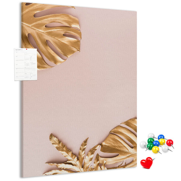 Wall cork memo board Golden leaves on a delicate pink background