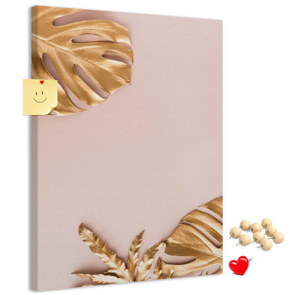 Wall cork memo board Golden leaves on a delicate pink background