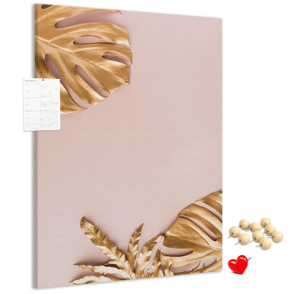 Wall cork memo board Golden leaves on a delicate pink background