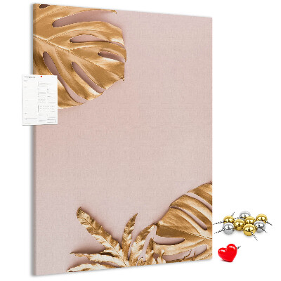 Wall cork memo board Golden leaves on a delicate pink background