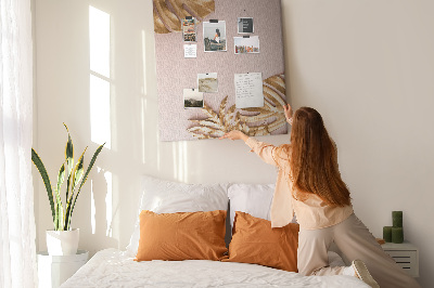 Wall cork memo board Golden leaves on a delicate pink background