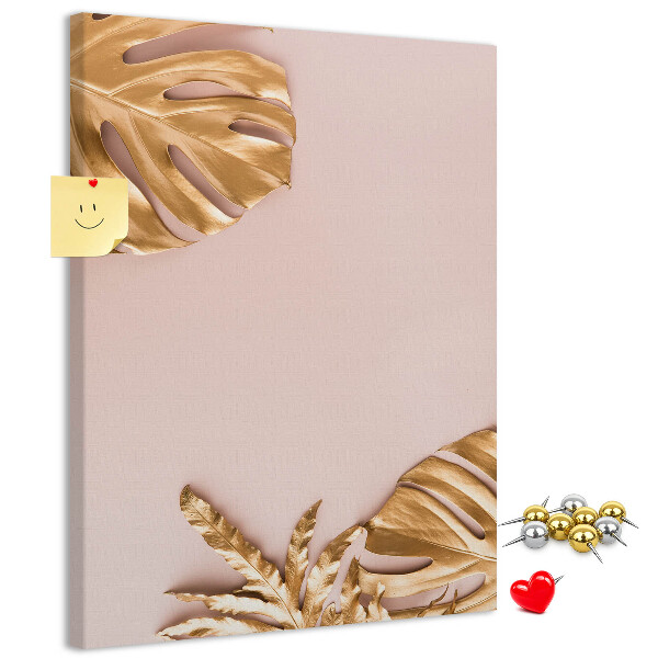 Wall cork memo board Golden leaves on a delicate pink background