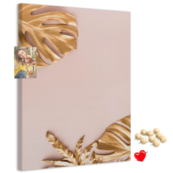 Wall cork memo board Golden leaves on a delicate pink background