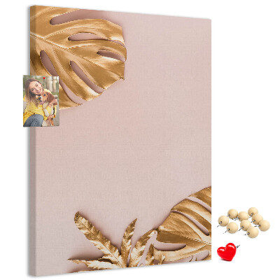 Wall cork memo board Golden leaves on a delicate pink background