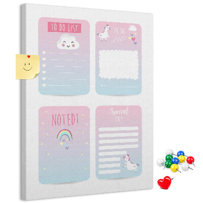 Cork notice board Colorful notebooks with a unicorn motif