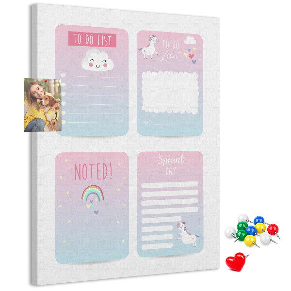 Cork notice board Colorful notebooks with a unicorn motif