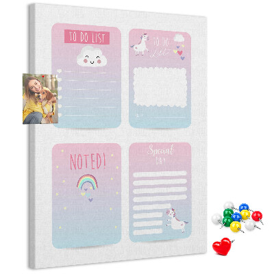 Cork notice board Colorful notebooks with a unicorn motif