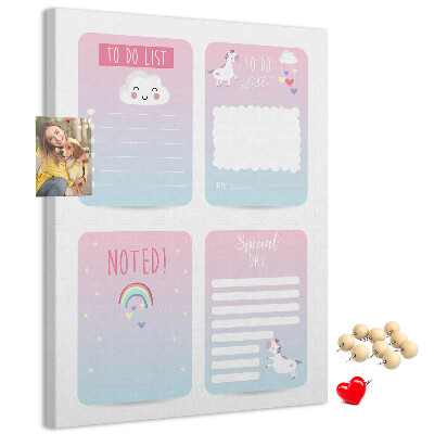 Cork notice board Colorful notebooks with a unicorn motif