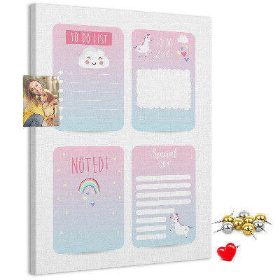Cork notice board Colorful notebooks with a unicorn motif