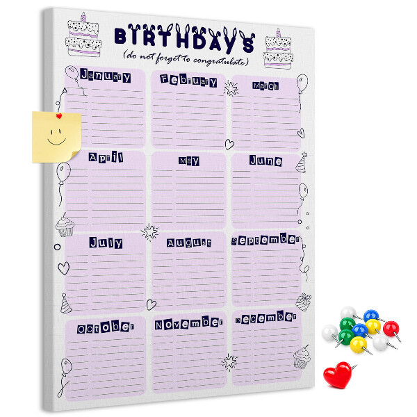 Memo cork board Birthday calendar with colorful balloons