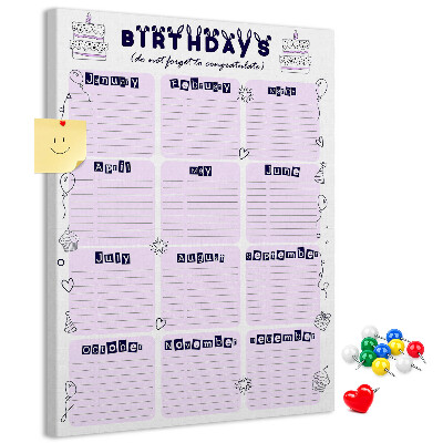 Memo cork board Birthday calendar with colorful balloons