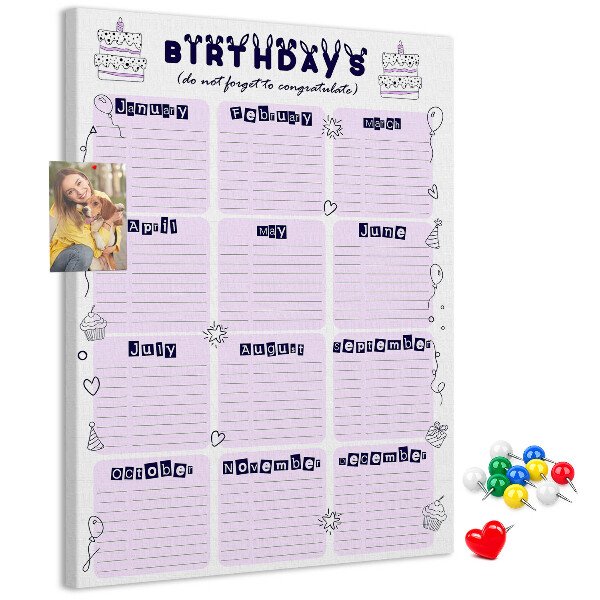 Memo cork board Birthday calendar with colorful balloons