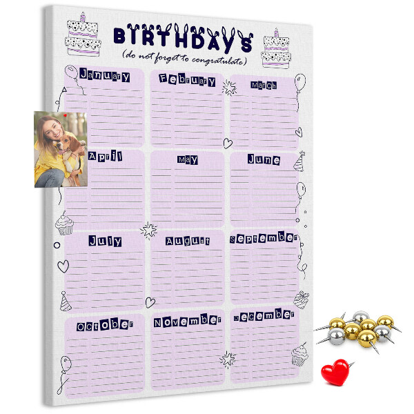 Memo cork board Birthday calendar with colorful balloons