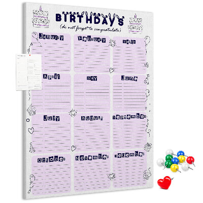Memo cork board Birthday calendar with colorful balloons
