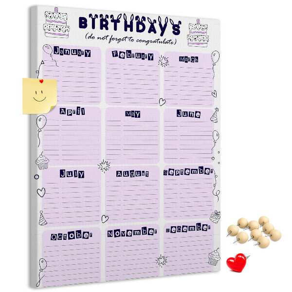 Memo cork board Birthday calendar with colorful balloons