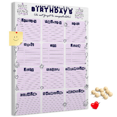 Memo cork board Birthday calendar with colorful balloons