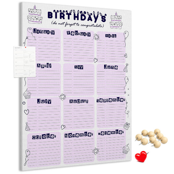 Memo cork board Birthday calendar with colorful balloons