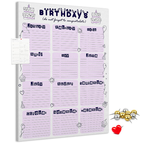 Memo cork board Birthday calendar with colorful balloons