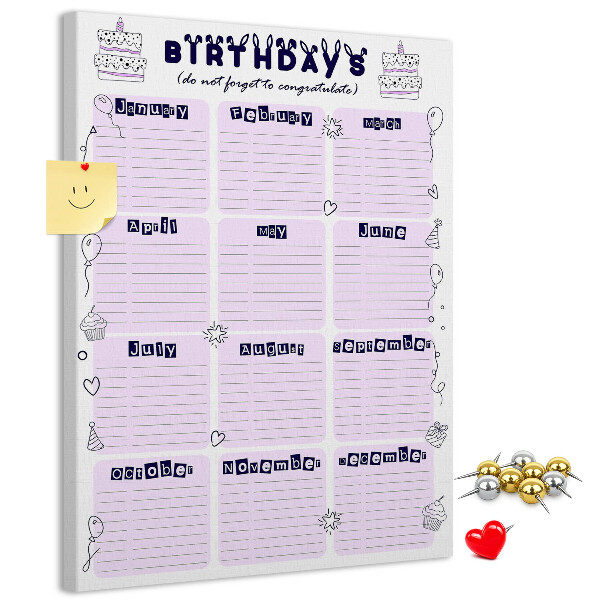 Memo cork board Birthday calendar with colorful balloons