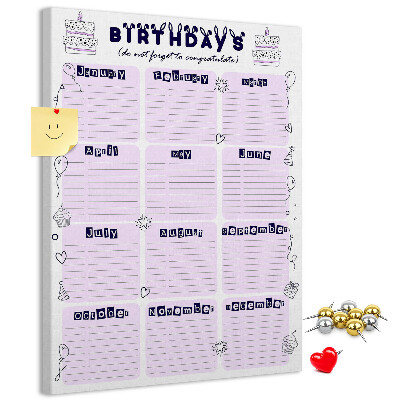 Memo cork board Birthday calendar with colorful balloons
