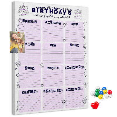 Memo cork board Birthday calendar with colorful balloons