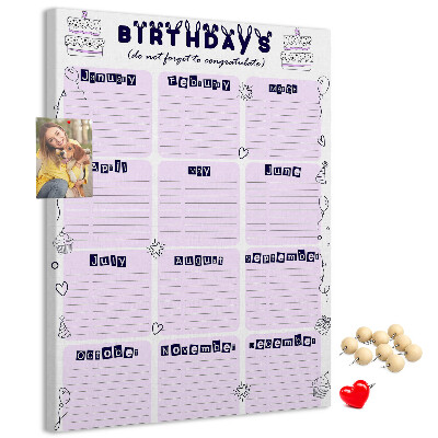 Memo cork board Birthday calendar with colorful balloons