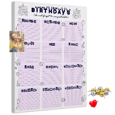 Memo cork board Birthday calendar with colorful balloons