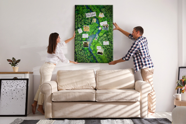 Cork notice board A green landscape with a winding river