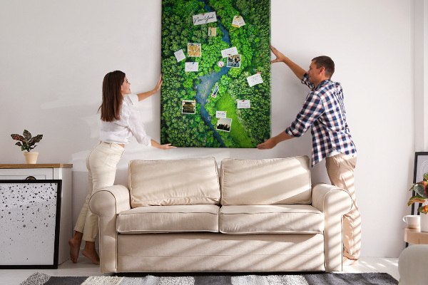 Cork notice board A green landscape with a winding river