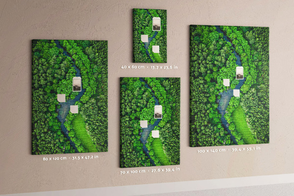 Cork notice board A green landscape with a winding river