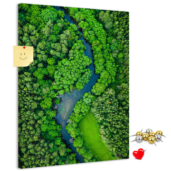 Cork notice board A green landscape with a winding river