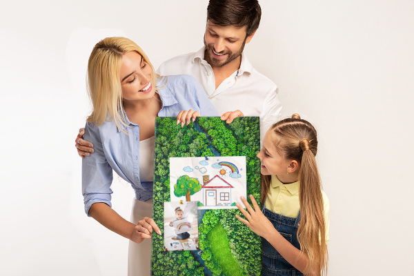 Cork notice board A green landscape with a winding river