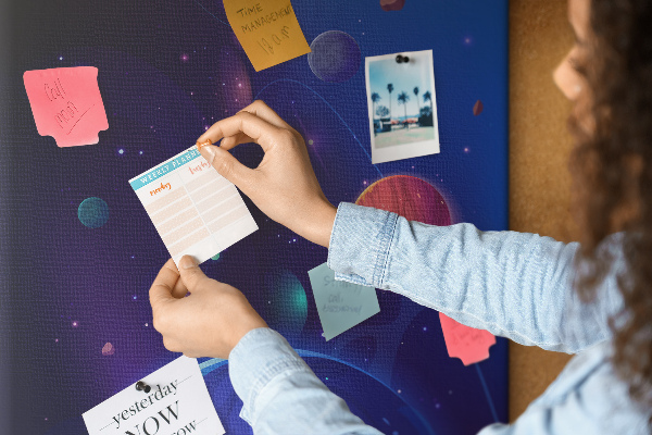 Pin board Space landscape with planets and asteroids