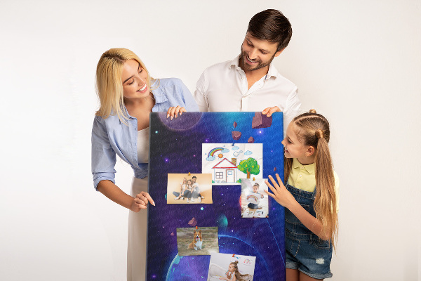 Pin board Space landscape with planets and asteroids