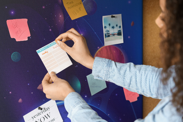 Pin board Space landscape with planets and asteroids