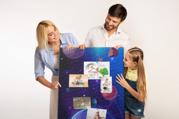 Pin board Space landscape with planets and asteroids
