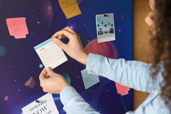 Pin board Space landscape with planets and asteroids