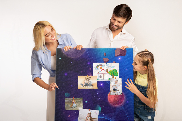 Pin board Space landscape with planets and asteroids