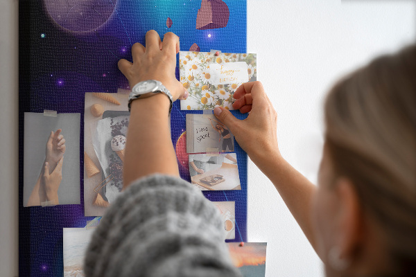 Pin board Space landscape with planets and asteroids