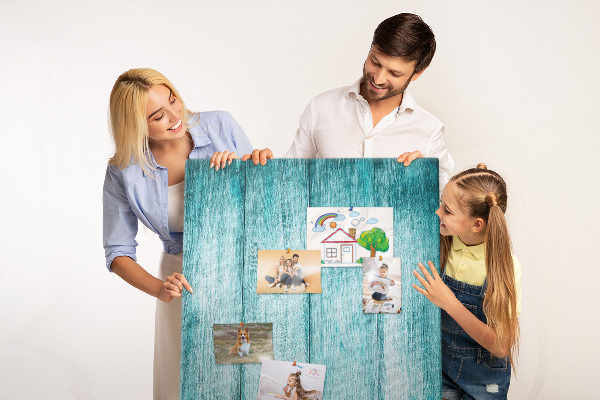 Wall cork memo board Sunny blue wooden planks on the background