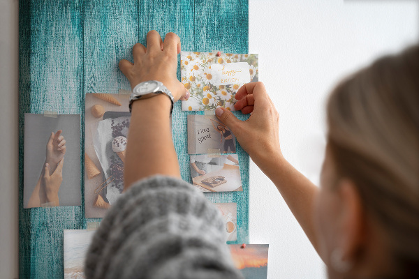 Wall cork memo board Sunny blue wooden planks on the background