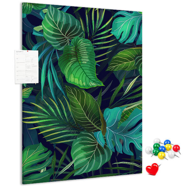 Cork notice board Tropical leaves on a dark background