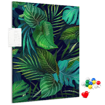 Cork notice board Tropical leaves on a dark background