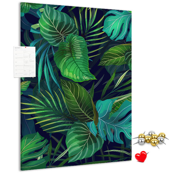 Cork notice board Tropical leaves on a dark background