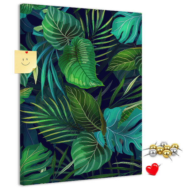 Cork notice board Tropical leaves on a dark background
