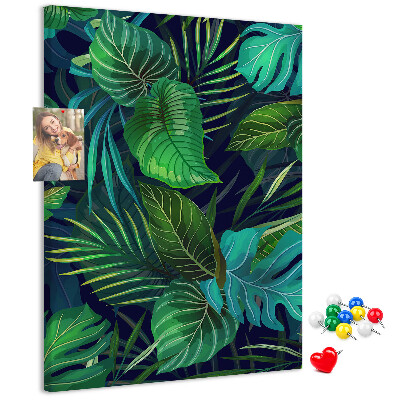 Cork notice board Tropical leaves on a dark background