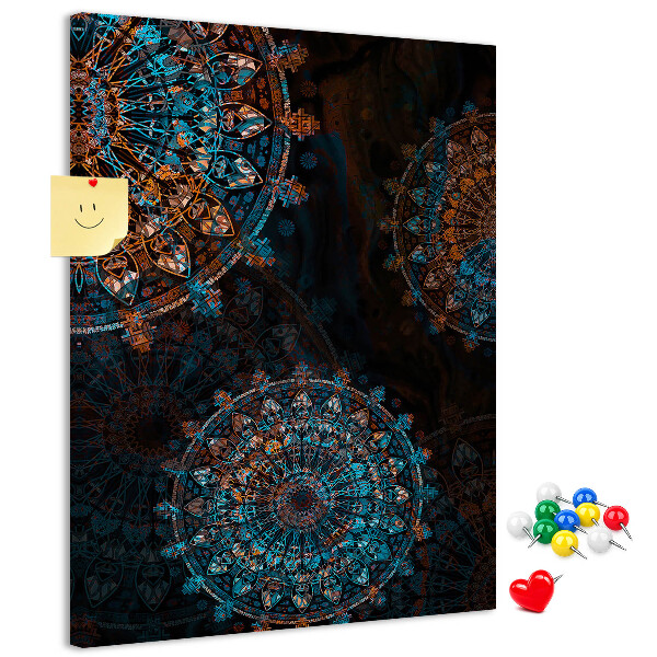 Cork notice board Intricate mandala patterns on a dark background